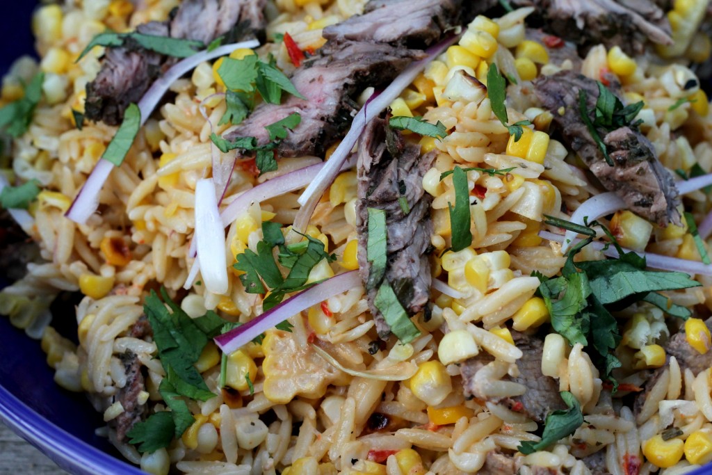 Charred Corn and Steak Orzo Salad with Hummus Vinaigrette 0031