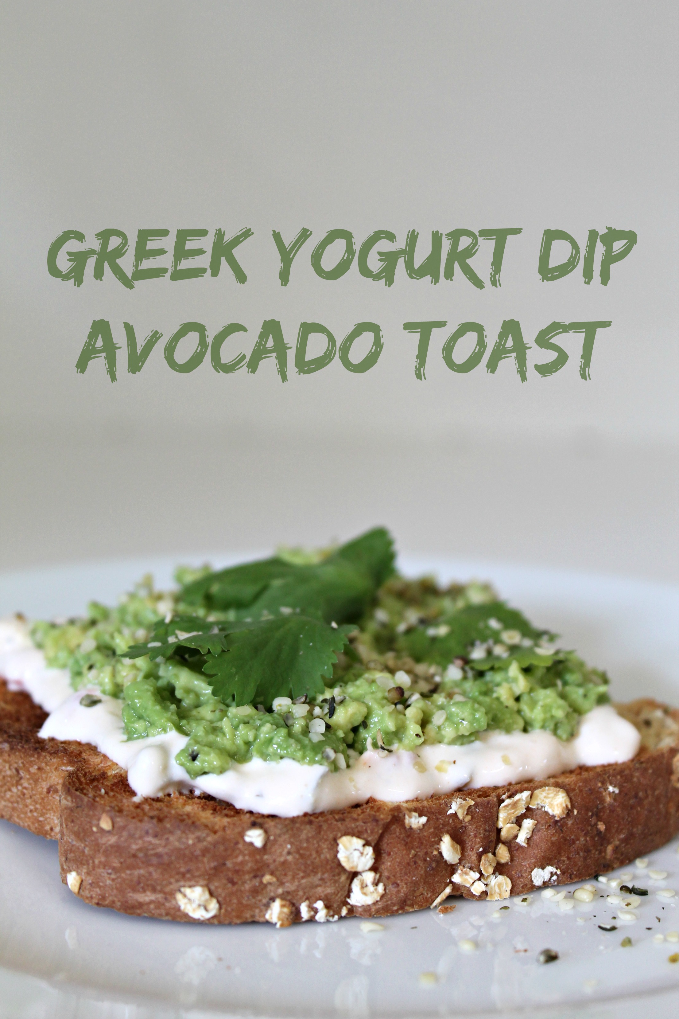 This Greek Yogurt Dip Avocado Toast is slathered with crisp bell pepper dip, topped with chunky avocado, and sprinkled with cilantro and hemp seeds!