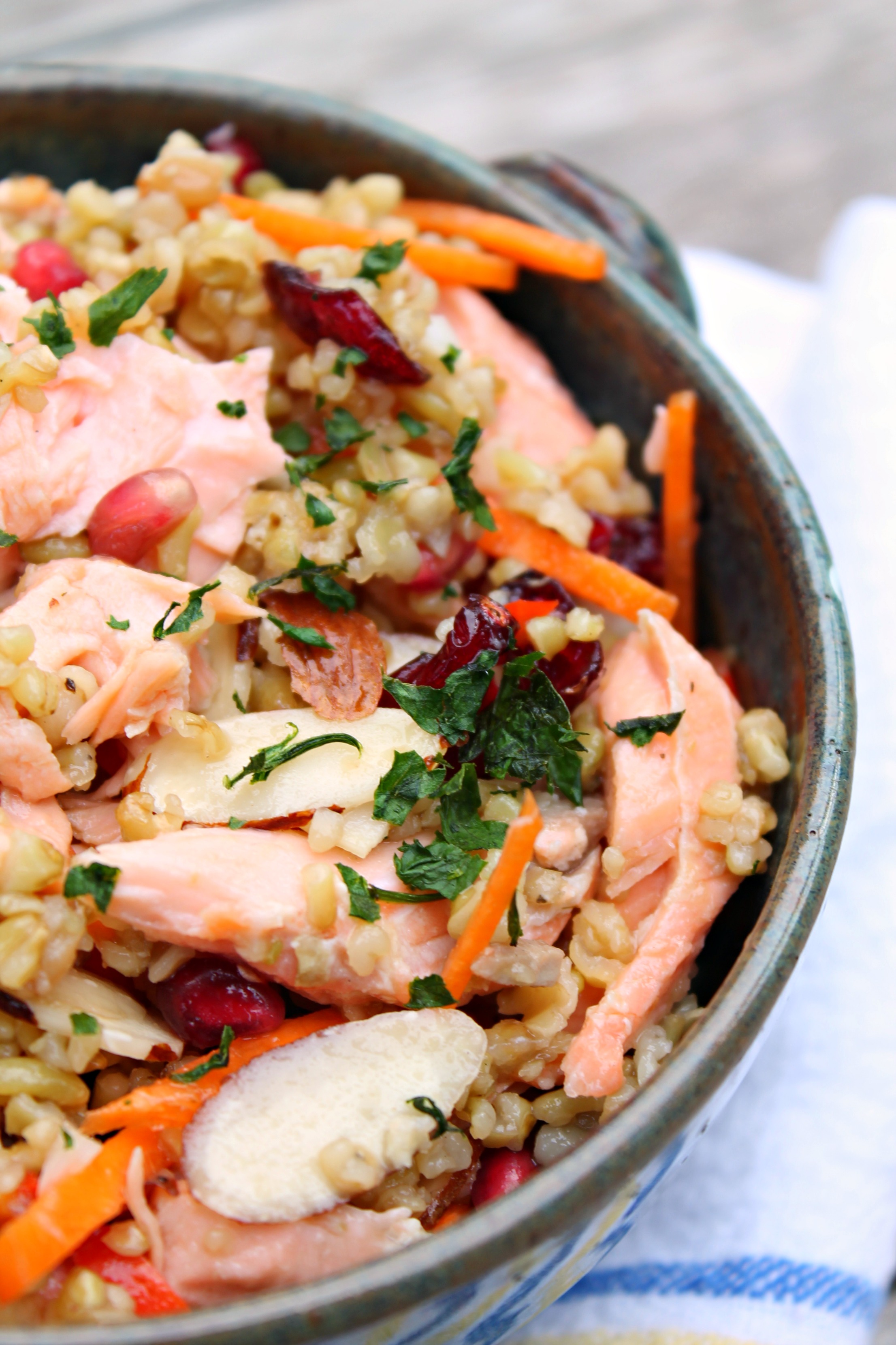 Whole Grain Salmon Salad made with farro and slowly roasted salmon, the healthiest lunch ever!