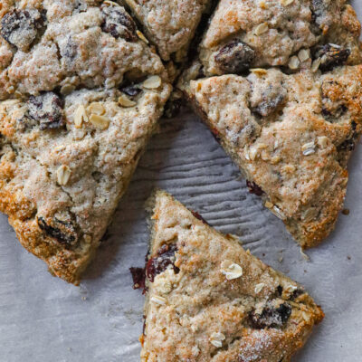 Cherry studded oatmeal scones cut into six slices
